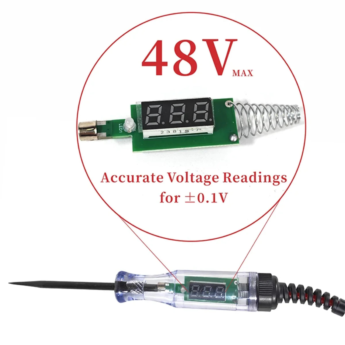 Plocica sa LED displejem ispitivaca napona i oznakom 48V MAX i preciznosti ±0.1V