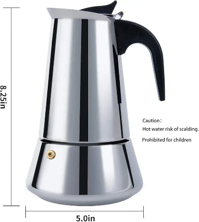 Prikazane dimenzije mokapot aparata od inoxa. Kompaktan dizajn, idealan za svaku kuhinju u stanu ili vikendici.