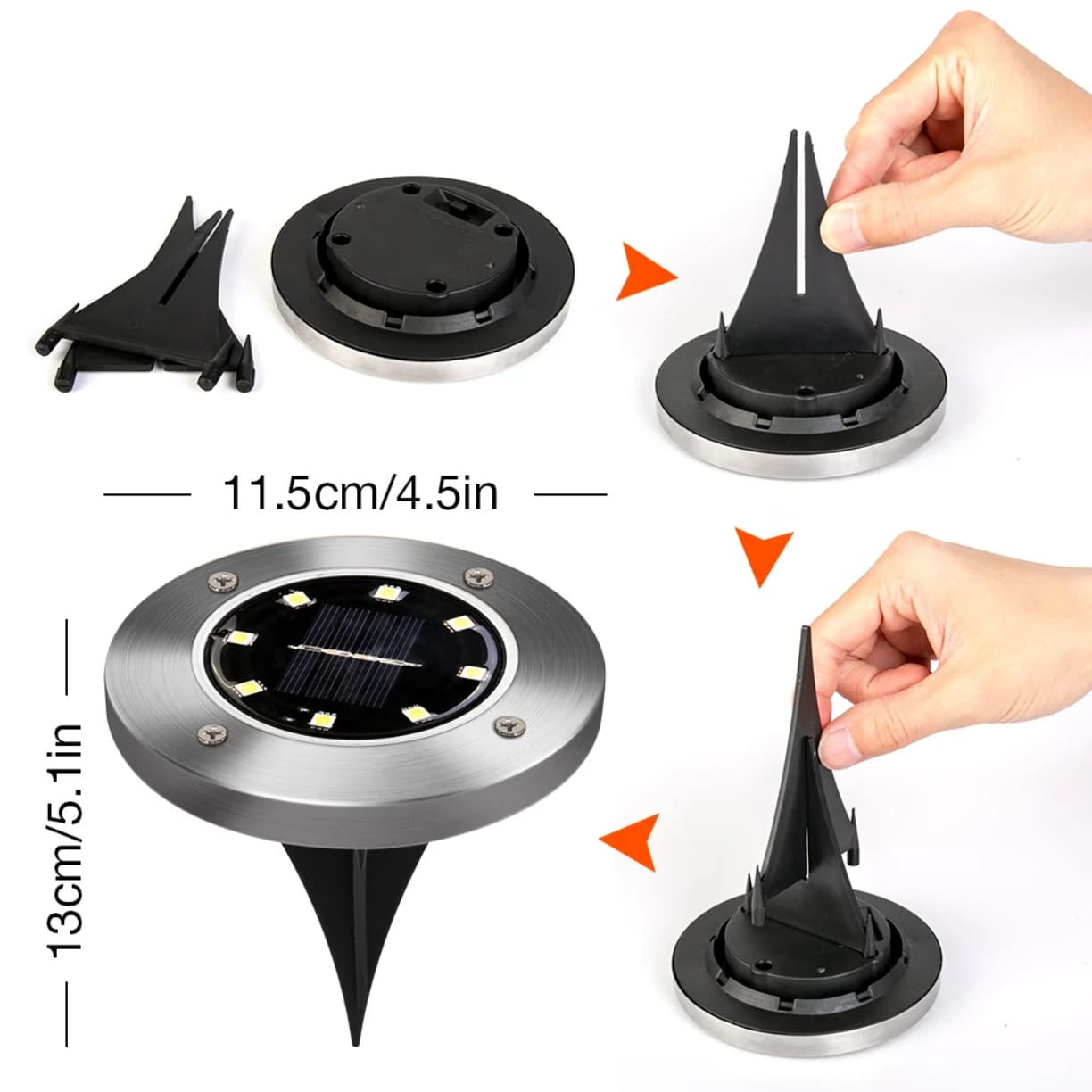 Uputstvo u koracima za sklapanje ubodnog klina na poledjini solarne lampe sa oznacenim precnikom od 11.5cm i visinom od 13cm