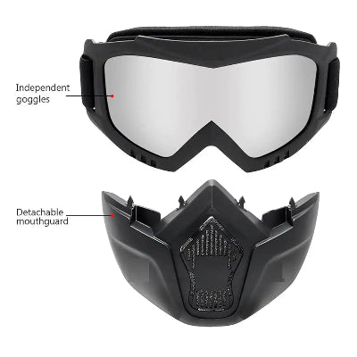 Detalji maske sa odvojivim naocarima, prikazuje ventile i naocare koje se mogu skinuti i zameniti, za voznju motora i skijanje.