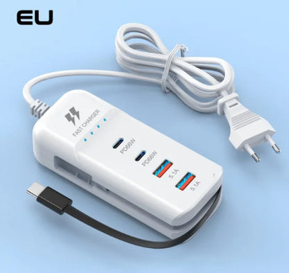 Mrezni punjac 66W sa 2 PD i 2 USB porta na plavoj pozadini