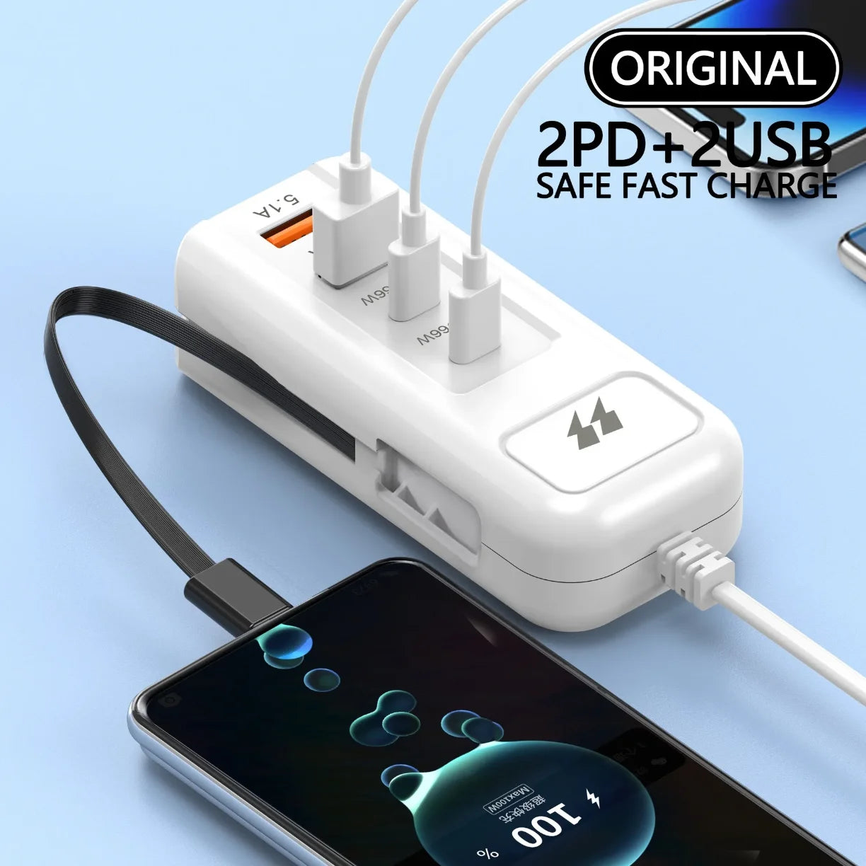 Mrezni punjac 66W sa 2 PD i 2 USB izlaza koji istovremeno puni vise uredjaja