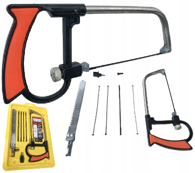 Kompletan set multifunkcionalne testere. Velika i mala rucna testera sa izmenjivim secivima za drvo i metal. Svi delovi u pakovanju.