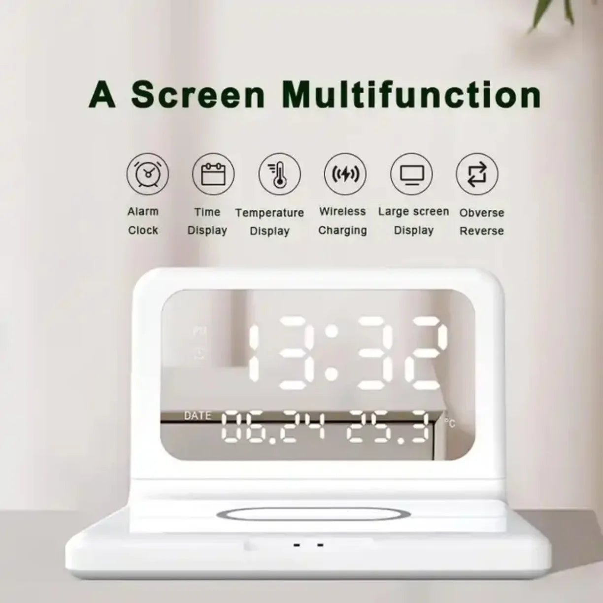 Multifunkcionalni digitalni sat sa LED displejem i bezicnim punjacem i oznacenim funkcijama