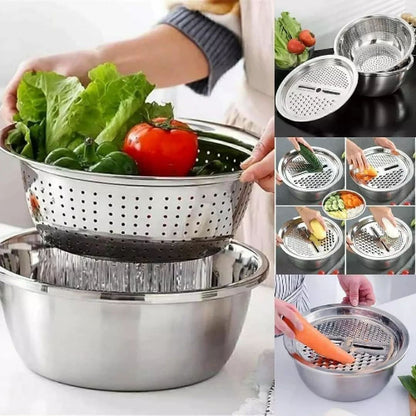 Metalni set za kuhinju: pranje, cedjenje, rendanje povrca. Cinija i rende u upotrebi.
