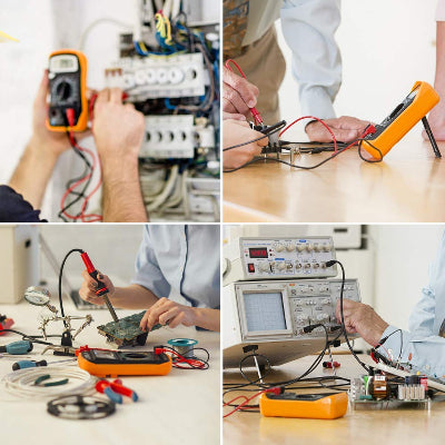 Kolaz slika multimetra u razlicitim scenarijima. Koristi se za testiranje elektronike, lemljenje i dijagnostiku.