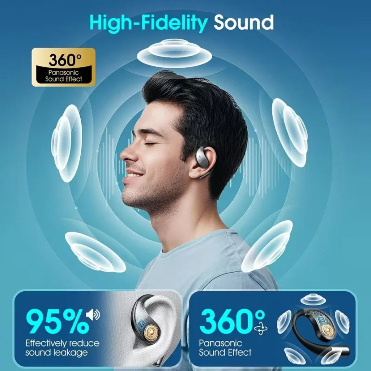 Muskarac koristi bezicne slusalice preko uva sa high fidelity 360 zvukom