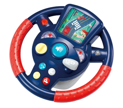 prednji izgled muzicke igracke u obliku volana sa raznobojnim tasterima za sirenu muziku i startovanje motora za zabavnu igru