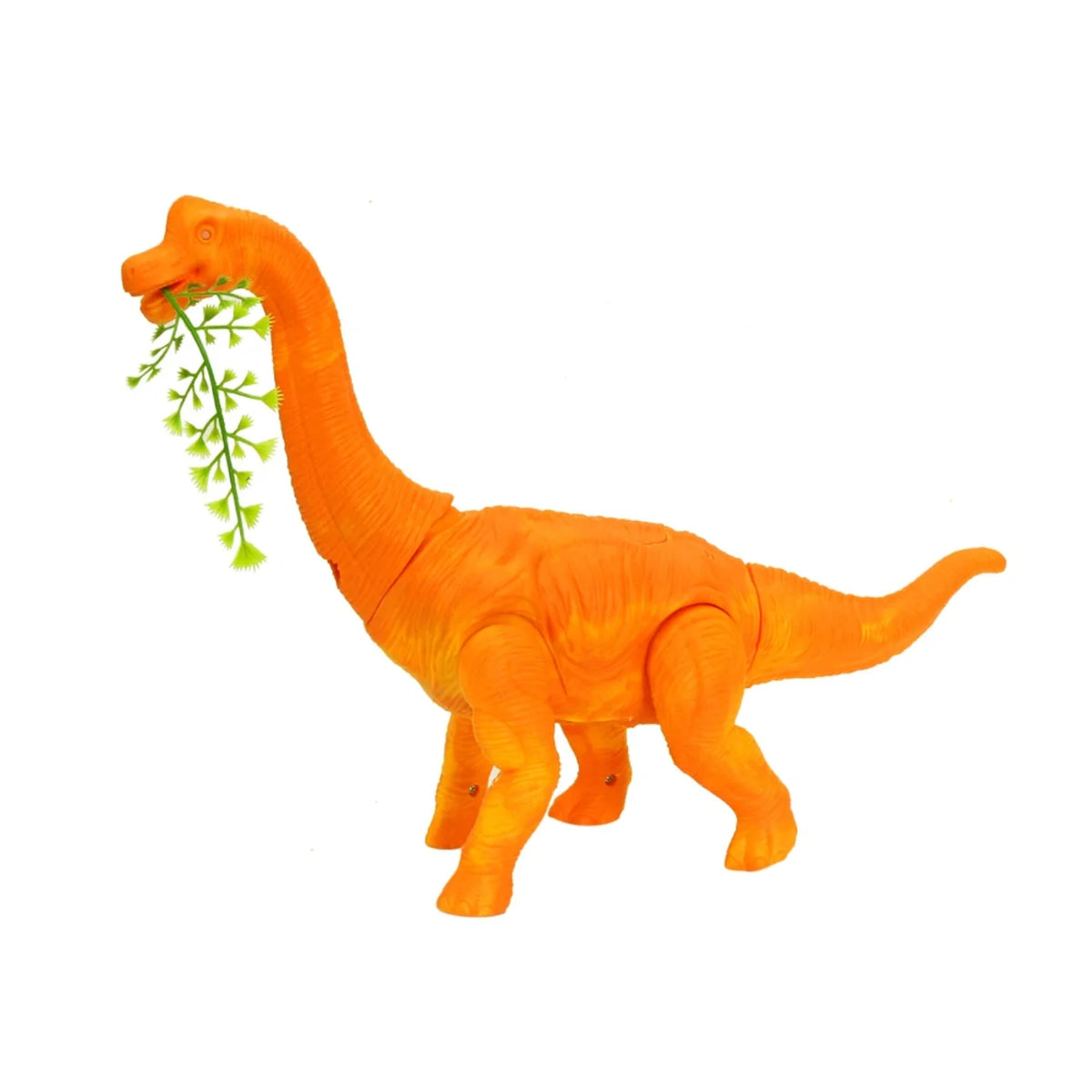 Narandzasti brahiosaurus igracka sa liscanom granom u ustima