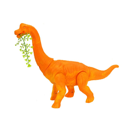 Narandzasti brahiosaurus igracka sa liscanom granom u ustima
