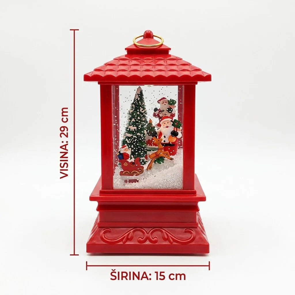 Crvena novogodisnja fenjer lampa sa oznacenim dimenzijama 29 x 15 cm