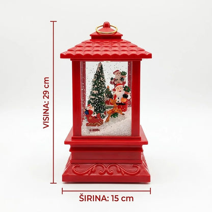 Crvena novogodisnja fenjer lampa sa oznacenim dimenzijama 29 x 15 cm