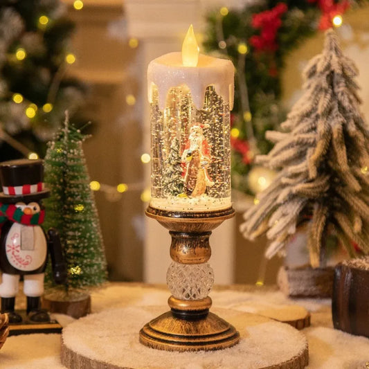 Novogodisnji svecnjak sa deda mrazom i svetlecim snegom