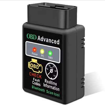 Detaljan prikaz Bluetooth OBD skenera sa LED indikatorima, Check engine lampicom i grafickim prikazom funkcija. Uredjaj za auto dijagnostiku.