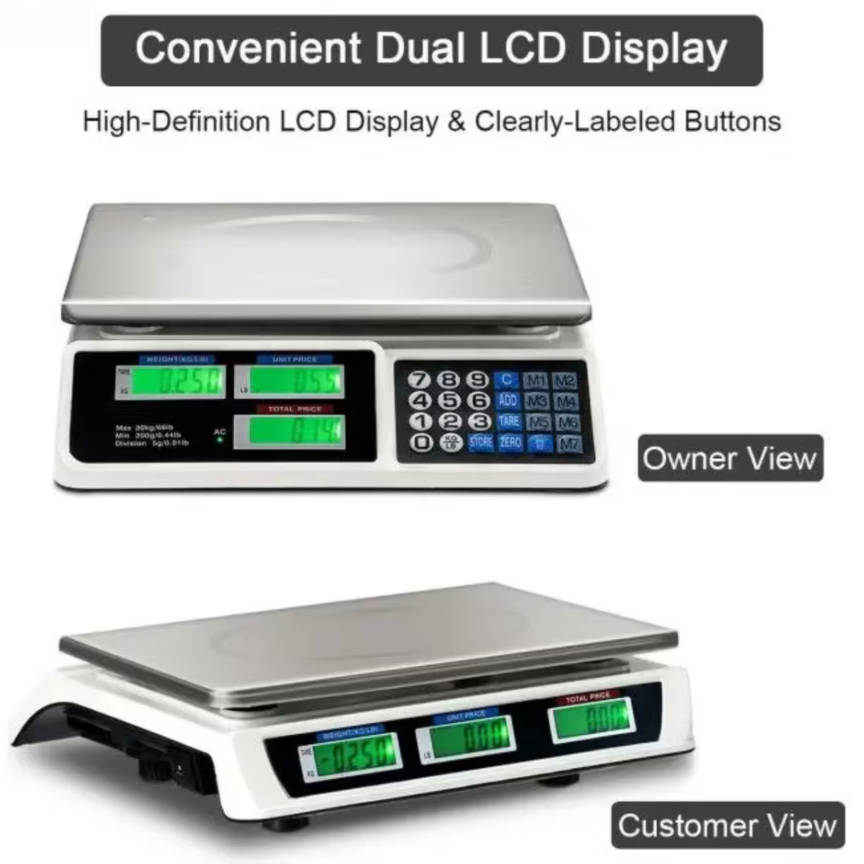 Prikaz obostranog LCD ekrana na vagi za kupca i prodavca