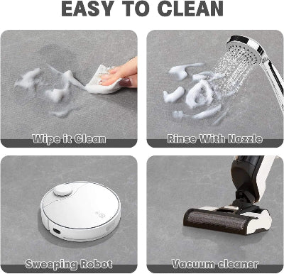 Uputstvo za lako ciscenje kupatilskog otiraca. Pere se vodom, usisava, brzo susi.