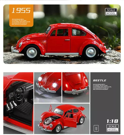 Model crvene VW Bube iz 1955. u razmeri 1:18 sa detaljnim prikazima eksterijera i enterijera.