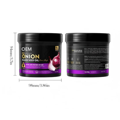 Prednja i zadnja strana pakovanja onion hair maske 500g