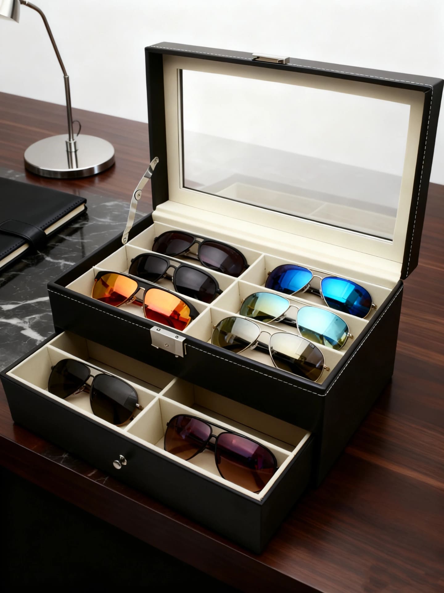 Organizator za naocare sa fiokom i pregradama za vise pari suncanih naocara