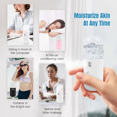 Upotreba prenosivog rasprsivaca za lice za hidriranje koze u razlicitim prilikama. Prikazuje korišcenje ispred racunara, na suncu i pre sminkanja.