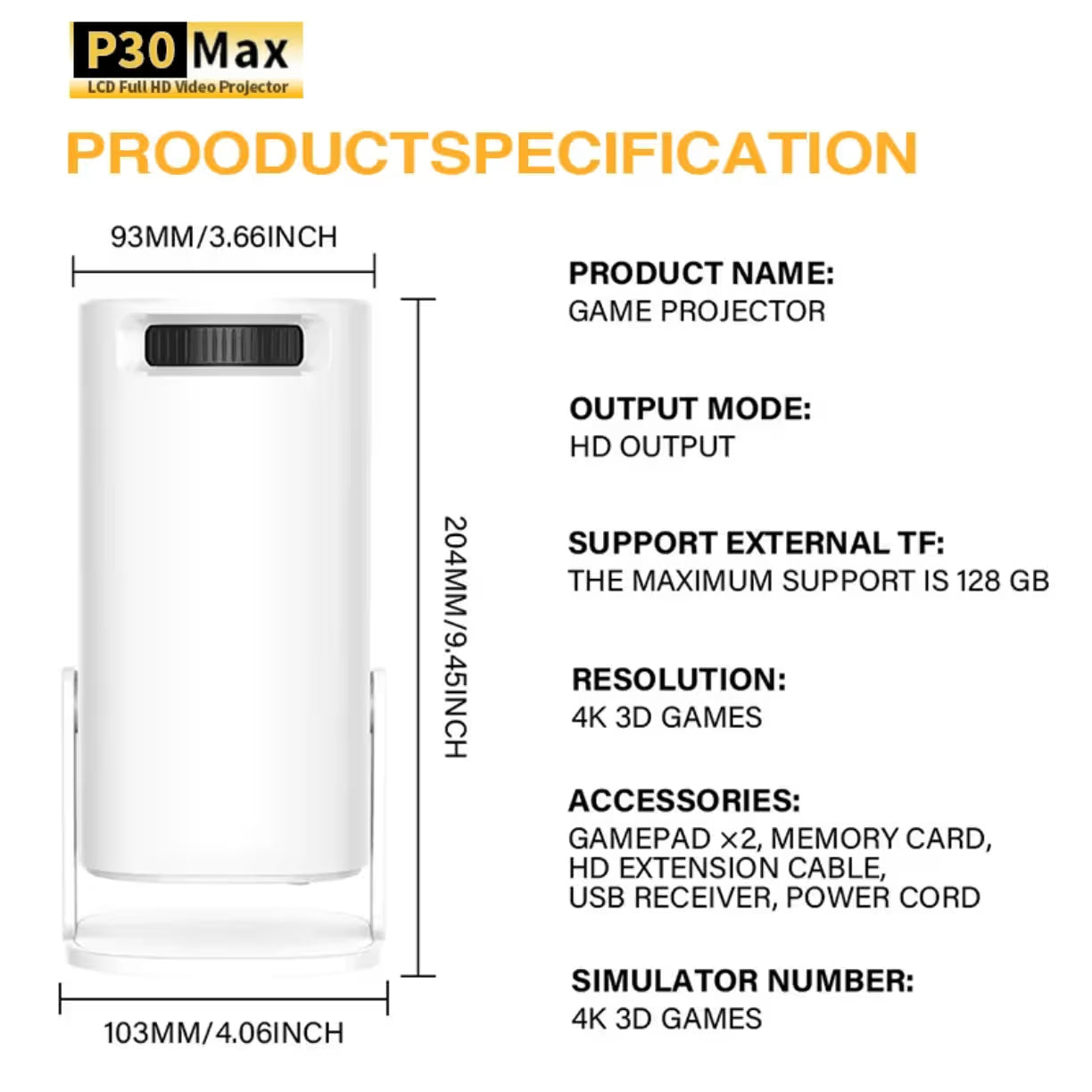 Tehnicke specifikacije i tacne dimenzije u milimetrima za beli p30 max pametni projektor