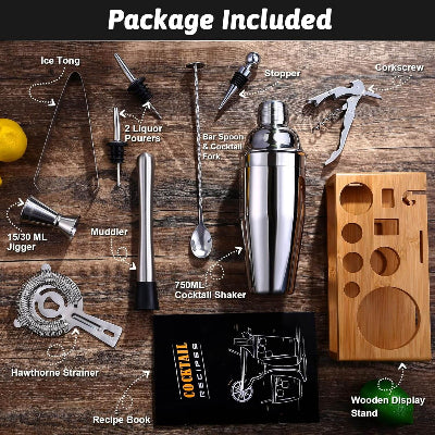 Sadrzaj pakovanja barmen seta. Kompletan set za koktele, idealan poklon za ljubitelje pica. Kvalitetna oprema za kucnu upotrebu.