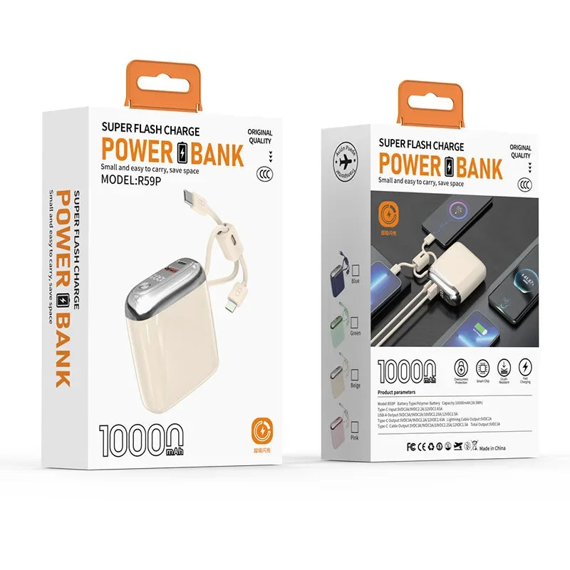 Pakovanje power banka 10000mAh sa ugradjenim kablovima, prikaz prednje i zadnje strane kutije