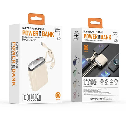 Pakovanje power banka 10000mAh sa ugradjenim kablovima, prikaz prednje i zadnje strane kutije