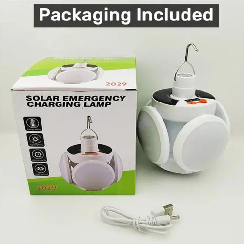 Pakovanje solarne LED lampe za kampovanje. Solarna lampa za hitne slucajeve sa USB kablom. Prenosiva lampa za kampovanje i nestanak struje.
