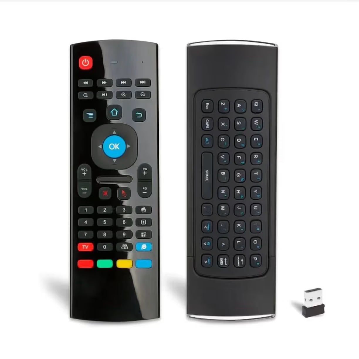 Prikaz prednje strane sa dugmicima i zadnje strane sa kompletnom tastaturom za kucanje i malim usb adapterom