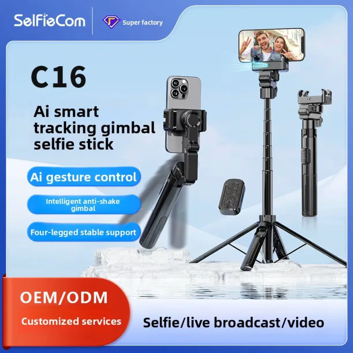 Prikaz pametnog selfi stapa sa funkcijom pracenja pokreta stabilizatorom i stabilnim nogama