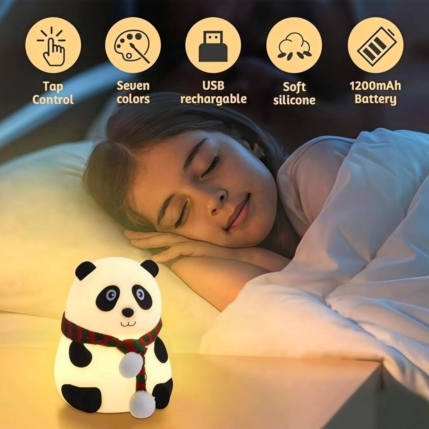 Panda nocna lampa uz dete sa ikonama za tap kontrolu, sedam boja i USB punjenje
