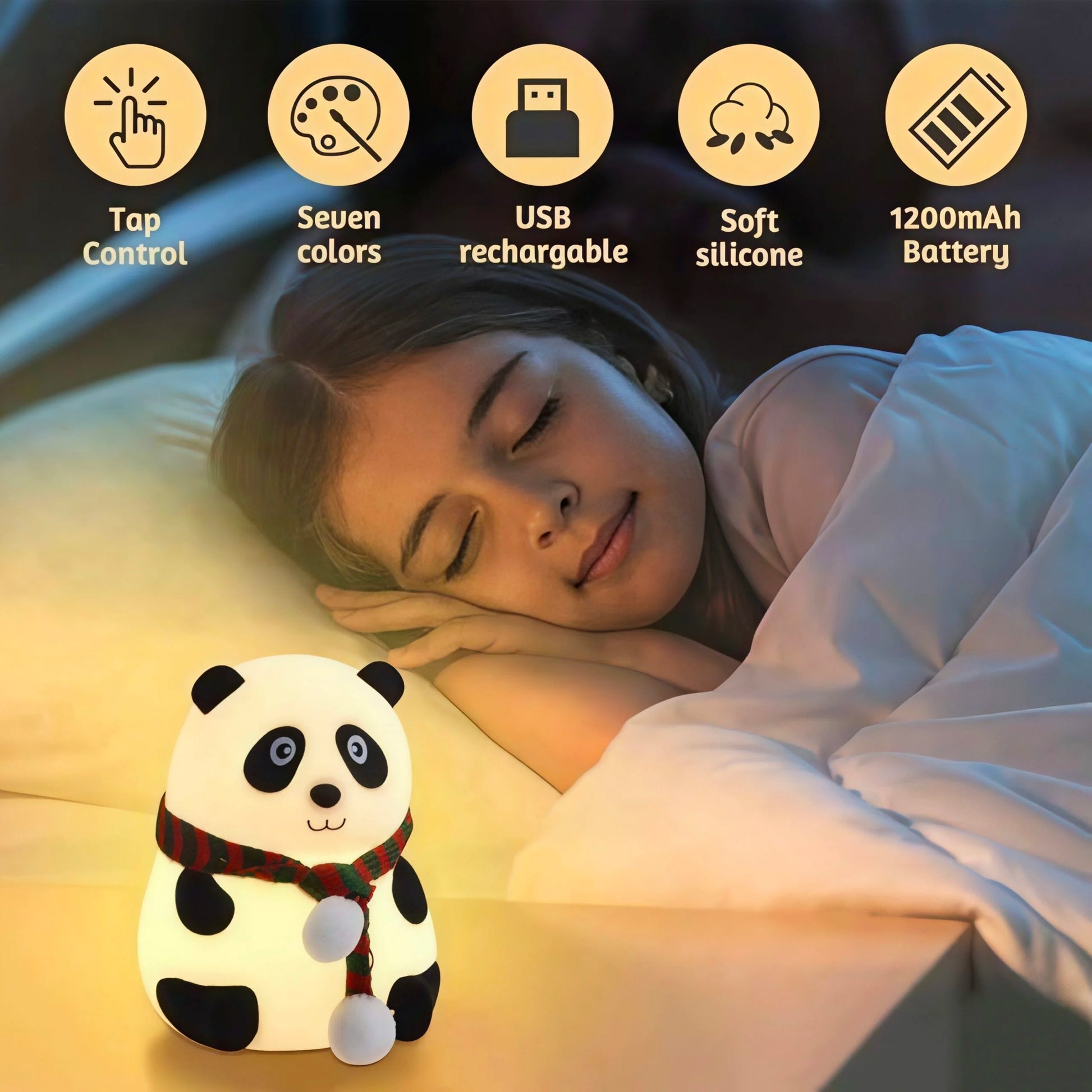 Panda nocna lampa uz dete sa ikonama za tap kontrolu, sedam boja i USB punjenje