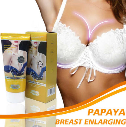 Papaya krema za povećanje grudi. Detaljan prikaz pakovanja tube i kutije proizvoda za uvećanje grudi sa ekstraktom papaje.