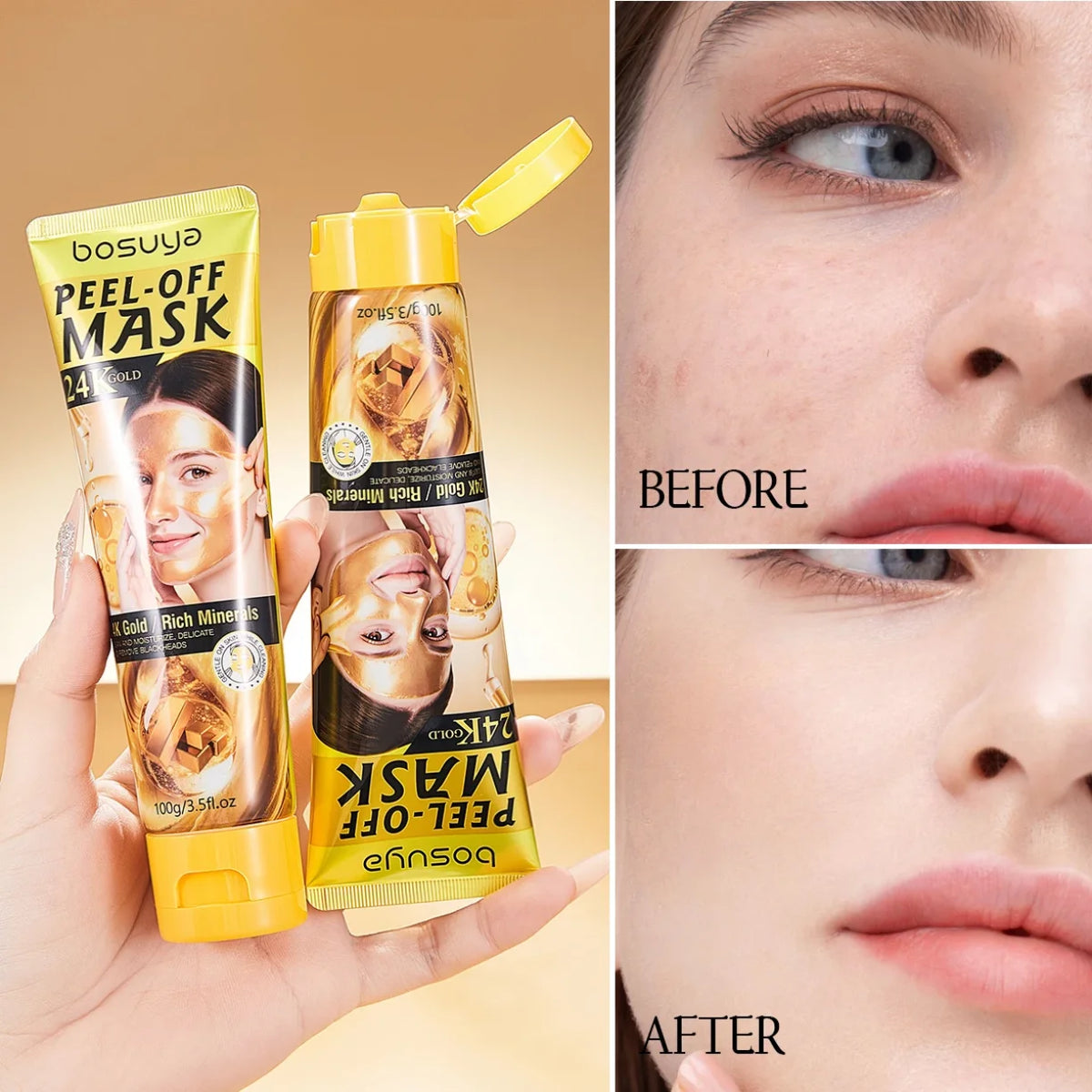 dve tube zlatne peel off maske i prikaz koze pre i posle