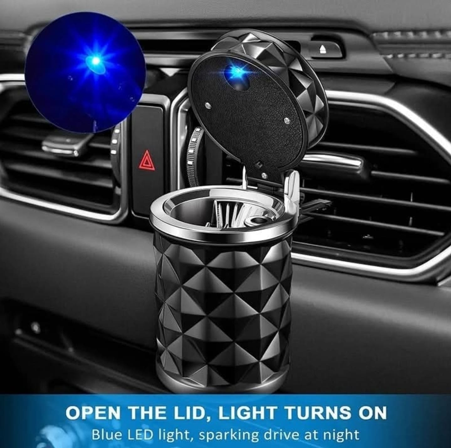 Auto pepeljara sa LED svetlom i poklopcem protiv dima