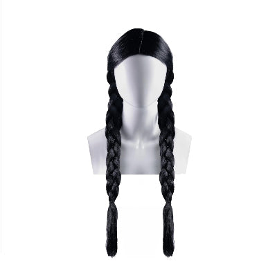 crna perika sa pletenicama na lutki izgled celog proizvoda i duzina sisanja perike