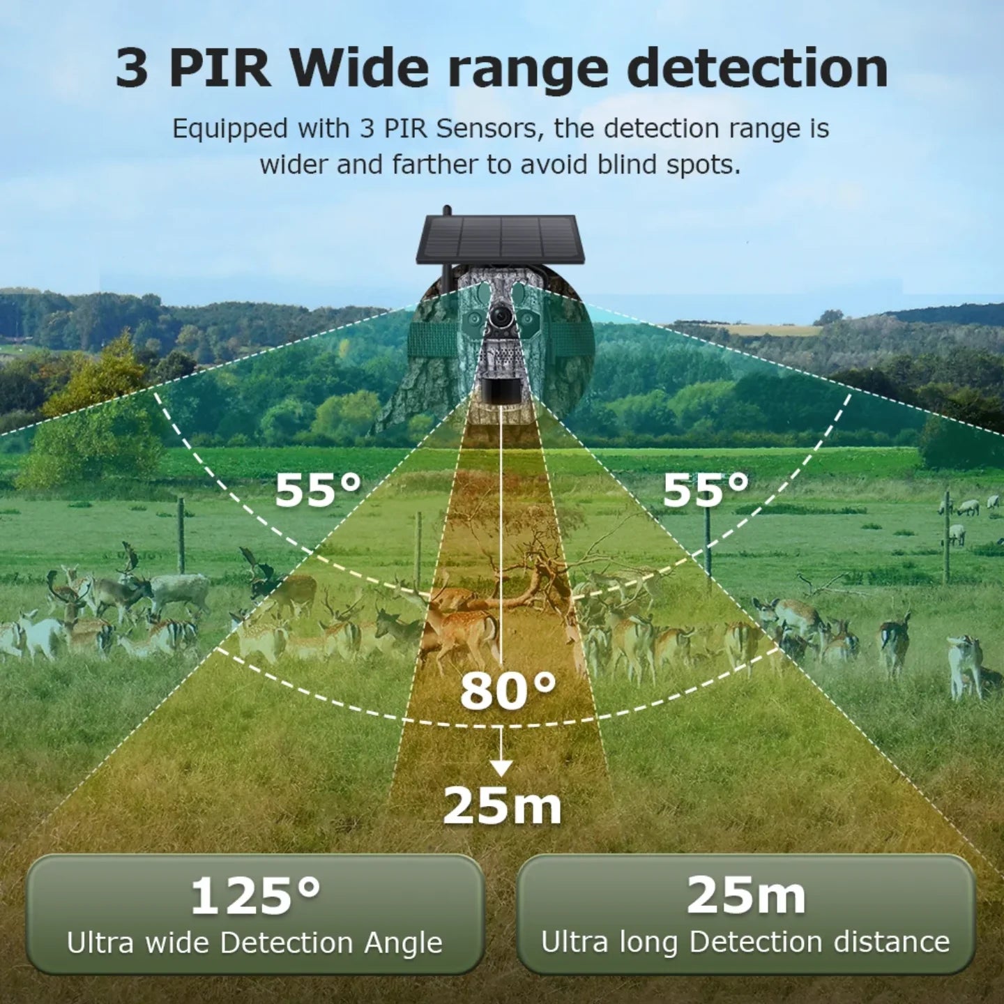 Dijagram PIR detekcije solarne lovacke kamere 125 stepeni 25m