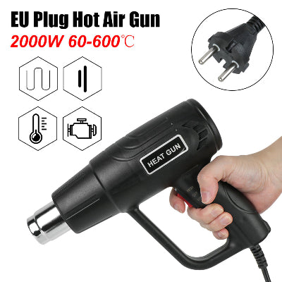 Prikaz profesionalnog pistolja na vruc vazduh sa EU utikacem jacine 2000W i podesivom temperaturom od 60 do 650 stepeni Celzijusa