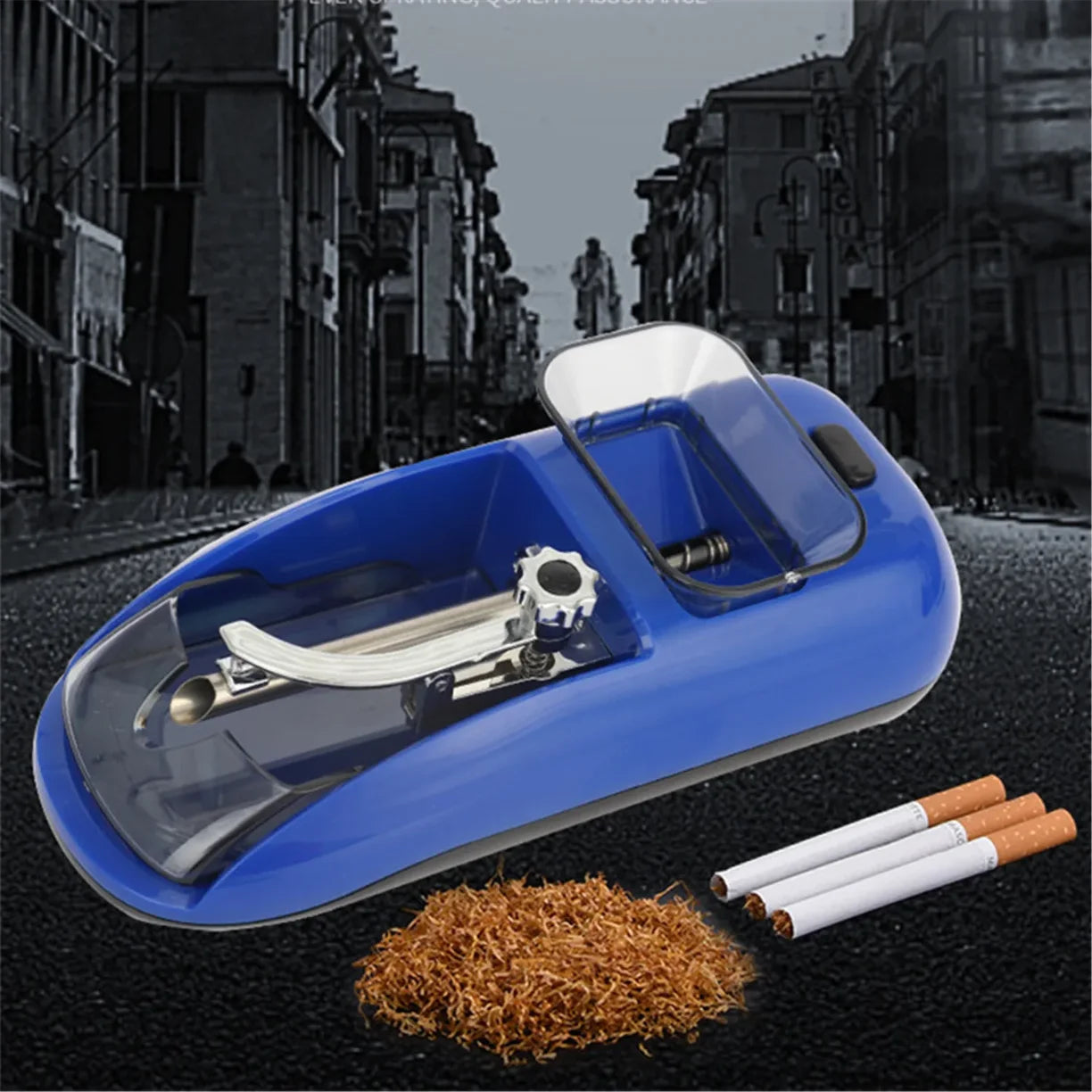 Plava masina za motanje cigareta sa duvanom i cigaretama