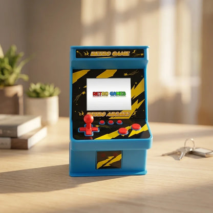 plava mini retro konzola ukljucena na stolu