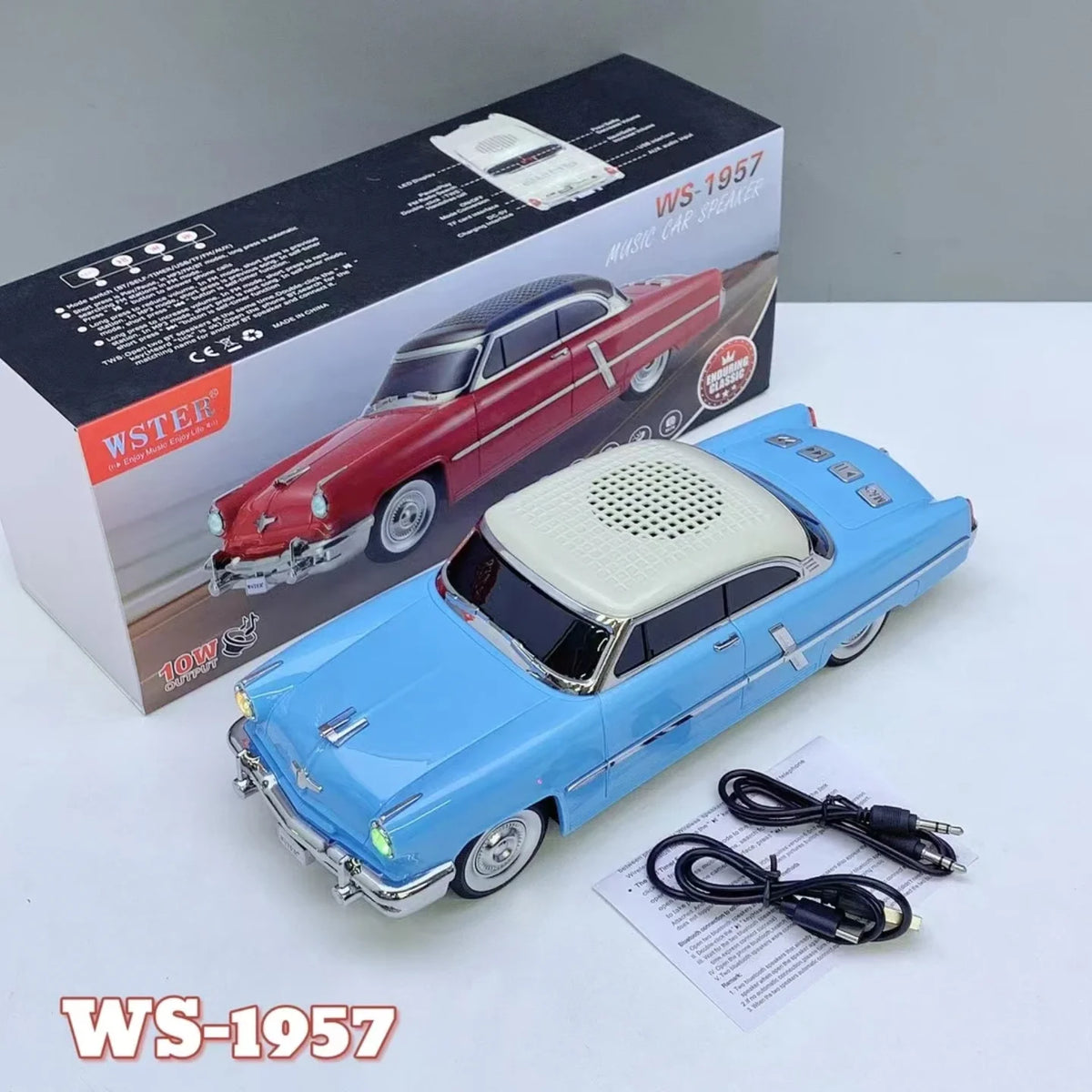 Plavi retro auto bluetooth zvucnik WS-1957 sa kablovima