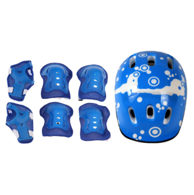 Kompletni set zastitne opreme za decu u plavoj boji. Kaciga i stitnici za kolena, laktove i ruke.