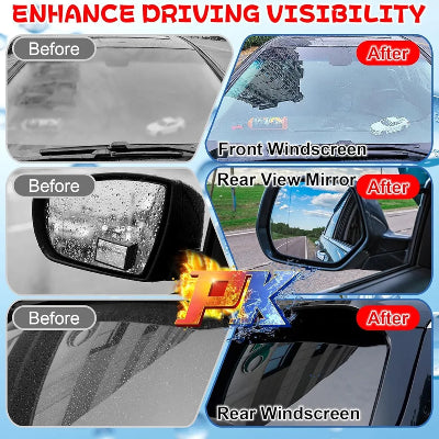 Prikaz poboljsane vidljivosti pre i posle ciscenja prednje i zadnje sofersajbne, kao i bocnih retrovizora. Sredstvo za ciscenje stakla automobila za bolju sigurnost u voznji.