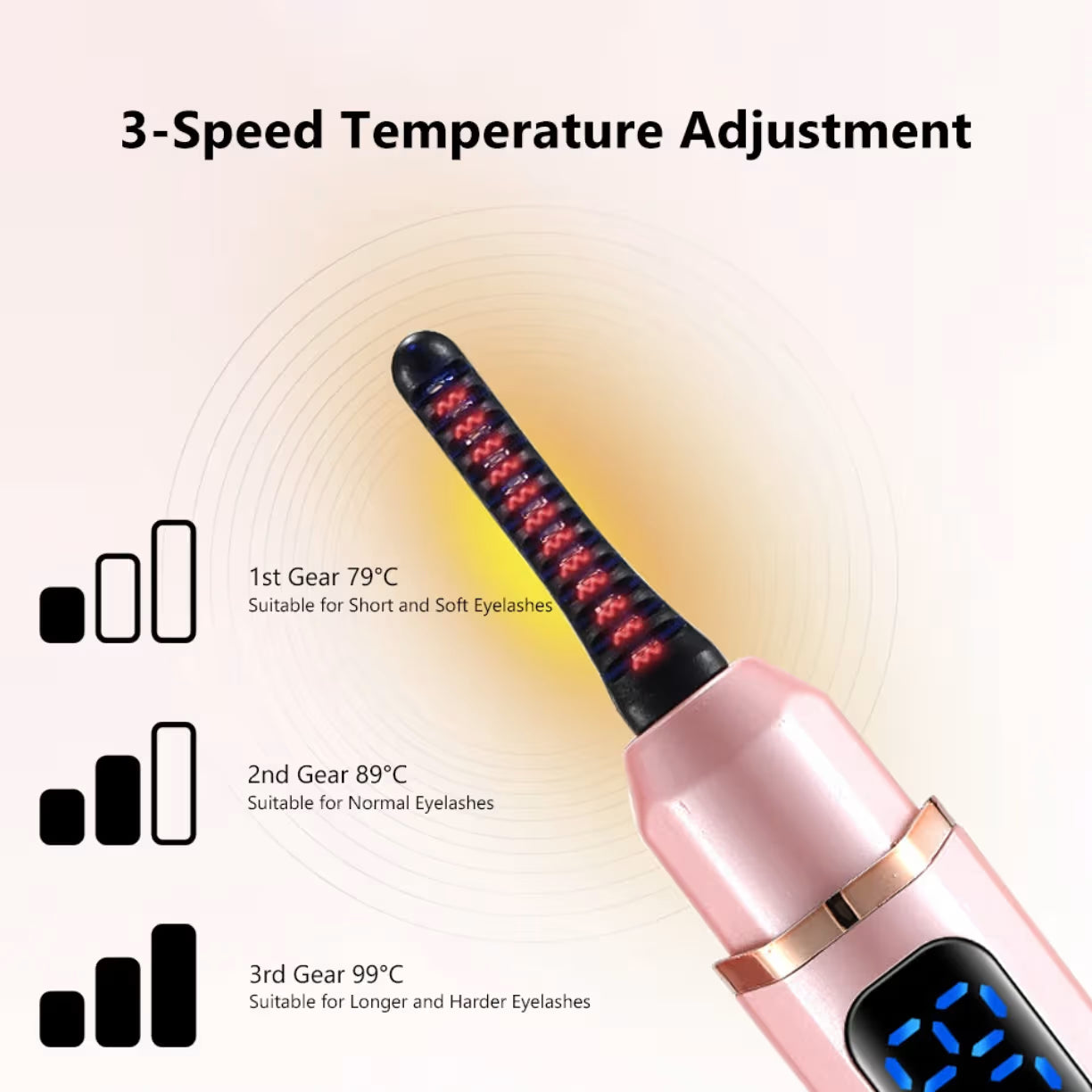 Prikaz 3 nivoa temperature električnog grejnog uvijača za trepavice