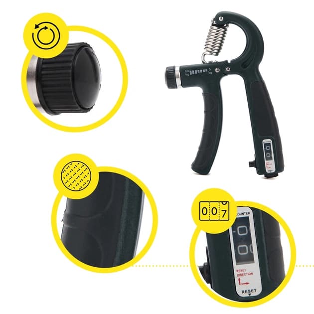 Opruga za saku detaljan prikaz funkcija ukljucujuci dugme za podesavanje otpora i gumiranu rucku protiv klizanja