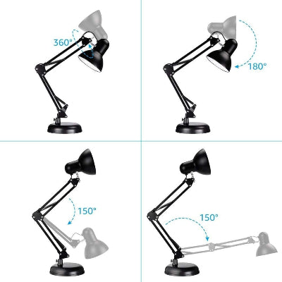 Prikaz podesavanja stone lampe sa uglovima od 360, 180 i 150 stepeni. Lampa ima fleksibilne zglobove i bazu, idealna za prilagodjeno osvetljenje.