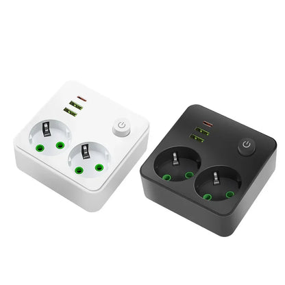 Pogled odozgo na crni i beli razdelnik sa dve uticnice, USB i Type C portovima