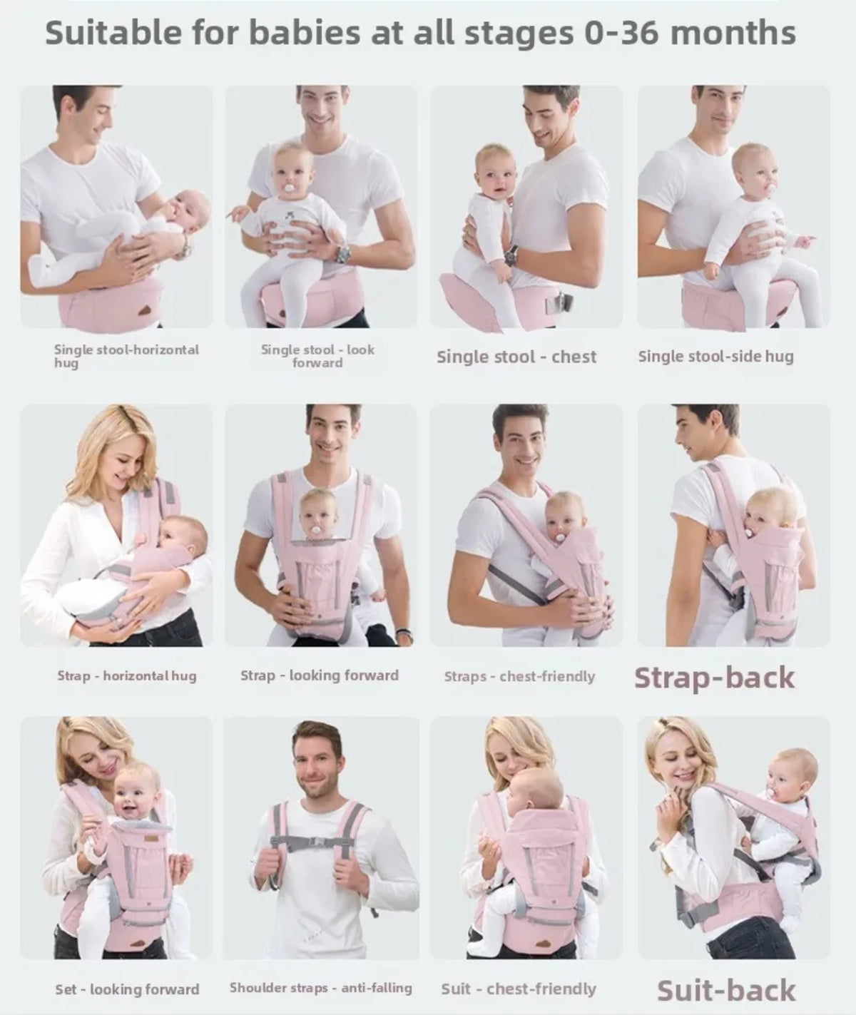 Prikaz vise polozaja nosenja bebe u ergonomskoj nosiljci