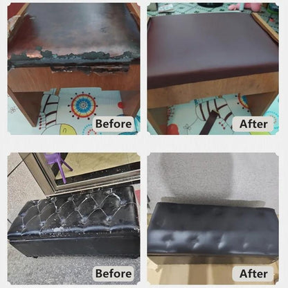 Popravka oštećene kožne sofe samolepljivom zakrpom pre i posle